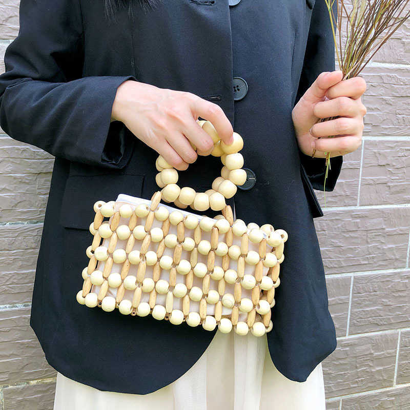 Wind New Ins Same Hand Woven Handbag Natural Wood Bead Handbag Transparent Beach Quartet Bag 240215