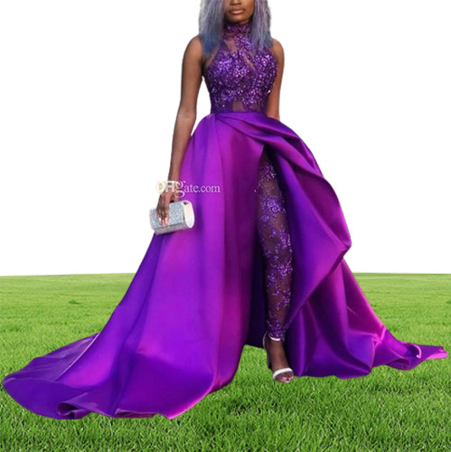 Newest Purple Overskirt Jumpsuit Prom Dresses High Neck Appliqued Side Split Evening Dress Beaded Sequined Plus Size Sweep Train P