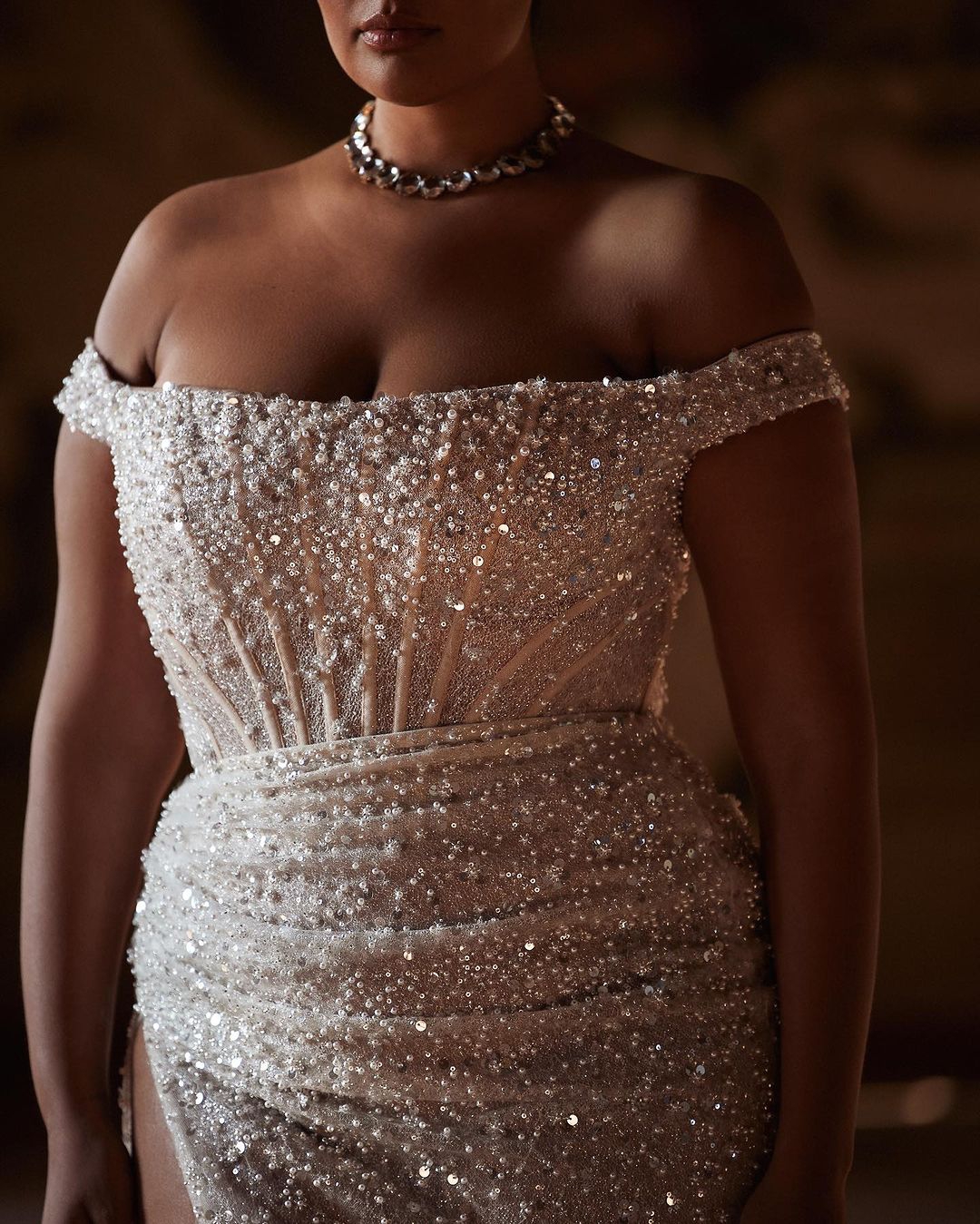 Glitter Plus Size Bridal Gowns Pearls Sequins Mermaid Wedding Dress Off Shoulder Side Split Custom Made Bride Dresses Vestido de novia