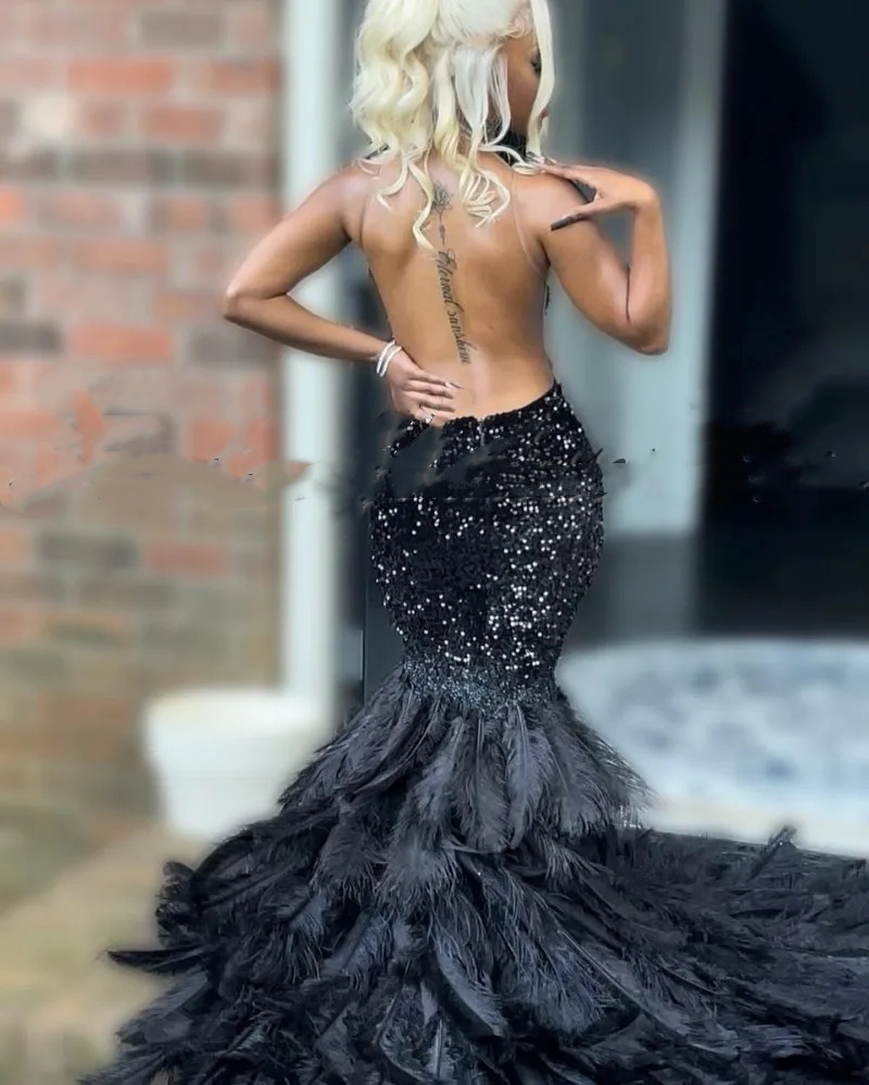 Feathers Prom Dress Women Crystal Backless Sequin Mermaid Party Gowns For Black Girls Vestidos De Graduacion