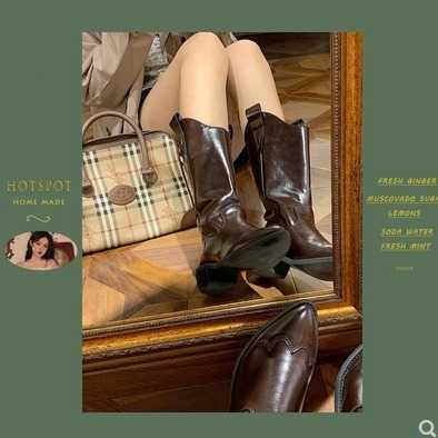 New brown mid-calf boots women's knee-short V-cut knight boots single-boot high Western pointed cowboy boots Q230226