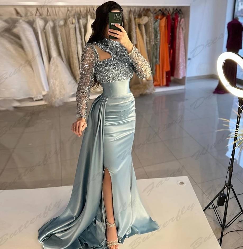 Vintage Elegant Women's Evening Party Dress Long Sleeved High Necked Mermaid Muslim Princess Prom Formal Gowns Arab Dubai Robe De Soiree