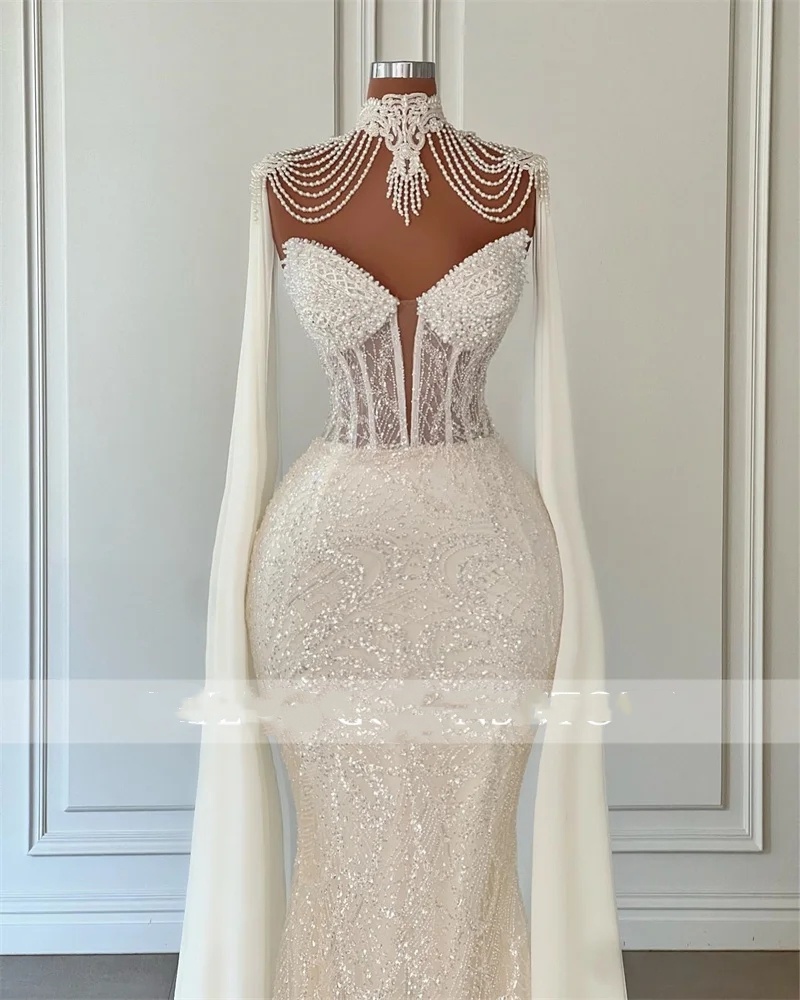 Lace White Mermaid Wedding Dresses 2024 Beads Customized Bridal Gowns Robe De Mariage Hot Dubai Arab