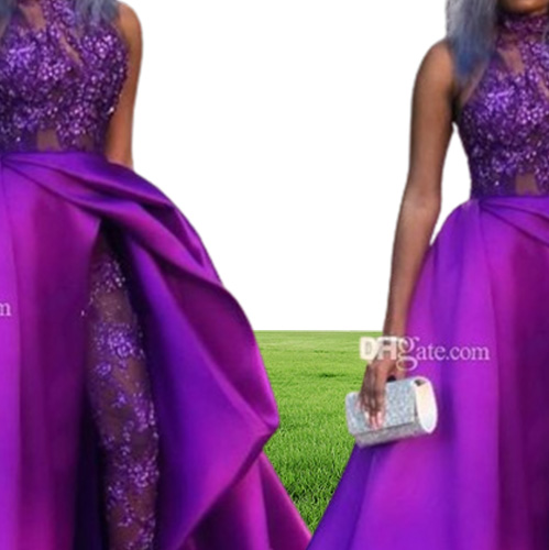Newest Purple Overskirt Jumpsuit Prom Dresses High Neck Appliqued Side Split Evening Dress Beaded Sequined Plus Size Sweep Train P