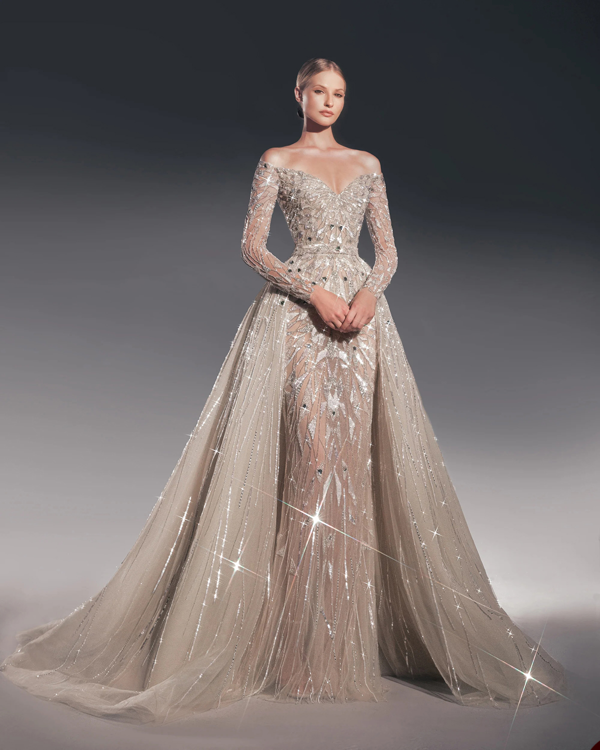 A-e Women Wedding Sweetheart Long Sleeves Bridal Gowns Crystal Sequins Detachable Train Dress Custom Made vestidos de novia