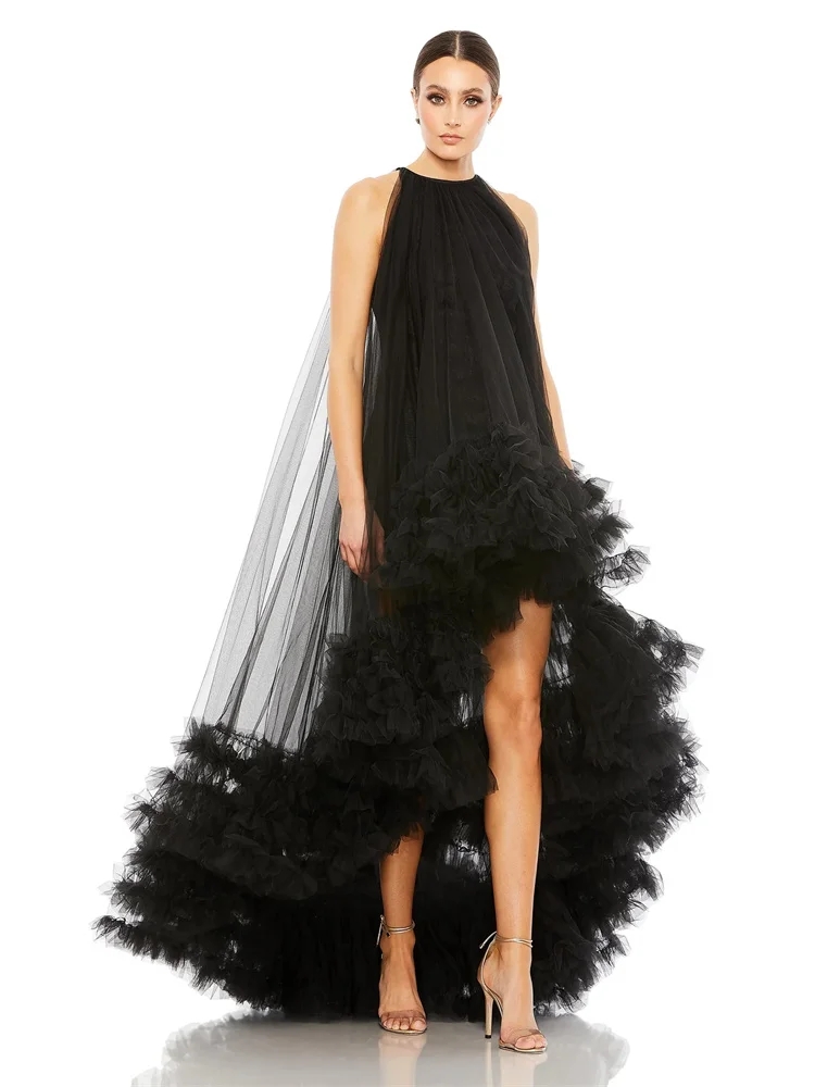 Black High Low Prom Dress 2024 O-Neck Sleeveless Ruffle Bottom Photoshoot Tulle Evening Formal Party Gala Gowns Robe De Soiree 6660305