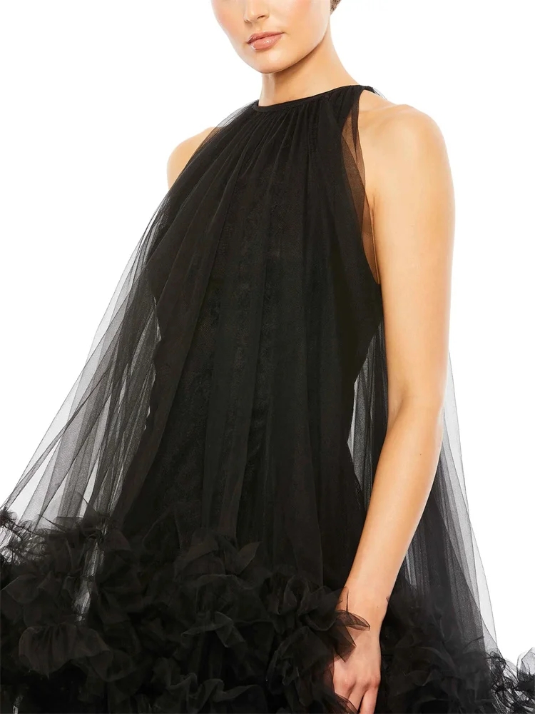 Black High Low Prom Dress 2024 O-Neck Sleeveless Ruffle Bottom Photoshoot Tulle Evening Formal Party Gala Gowns Robe De Soiree 6660305