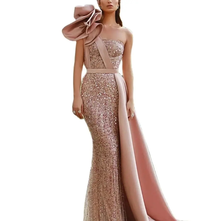 Stunning Pink Sequined Dresses wers One Shoulder Mermaid Evening Gowns Formal Prom Party Dress