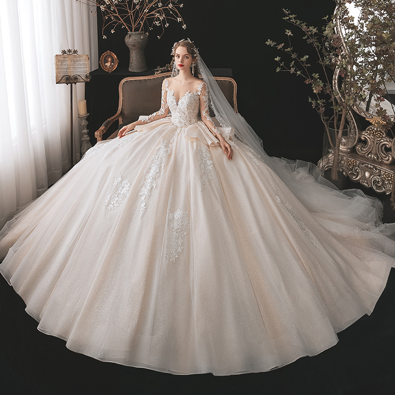 Elegant Ruffled skirt Full Sleeves Scoop Neck Ball Gown Wedding Dress Shiny Tulle Beading Appliques Lace chapel Train Handmade Bridal Gowns can custom