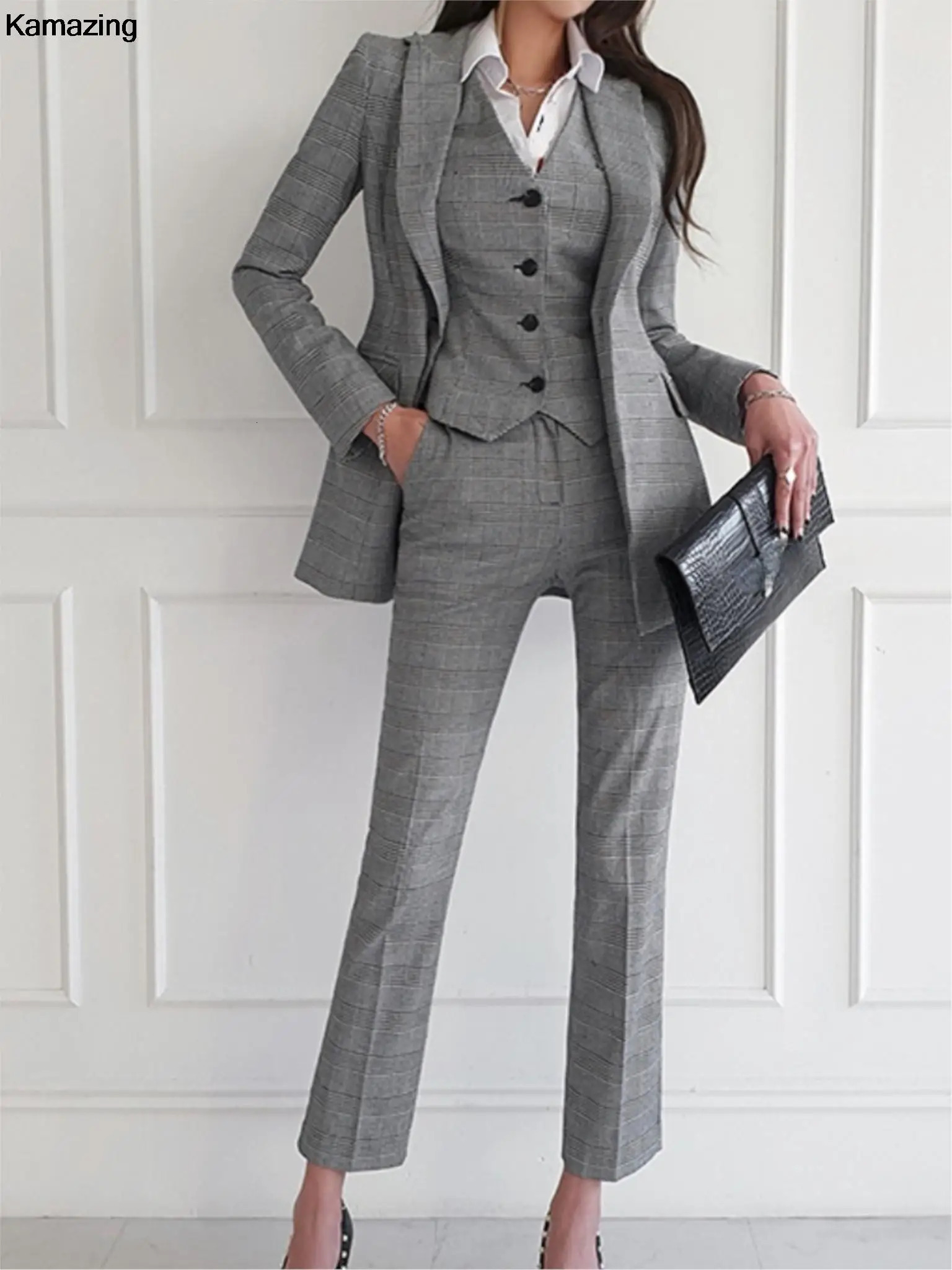 Fashion Office Lady 3 Piece Blazer Suit Women Business Formal Outfits Vintage Notched Lapel Jackets Button Vest Pants Set 240219