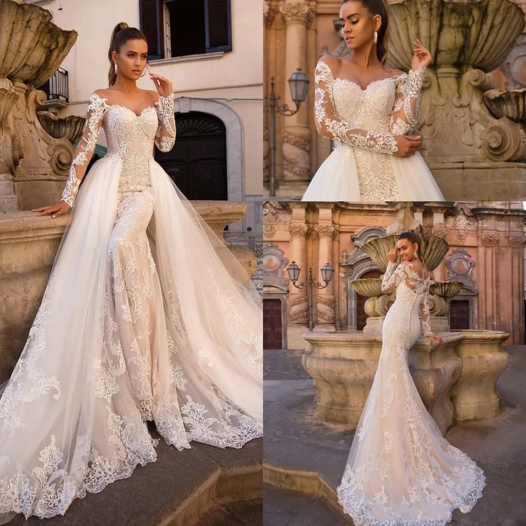 Lace Champagne Mermaid Dresses Sheer Tulle Long Sleeves Sweep Train Wedding Bridal Gowns Robes De With Detachable Skirt tachable