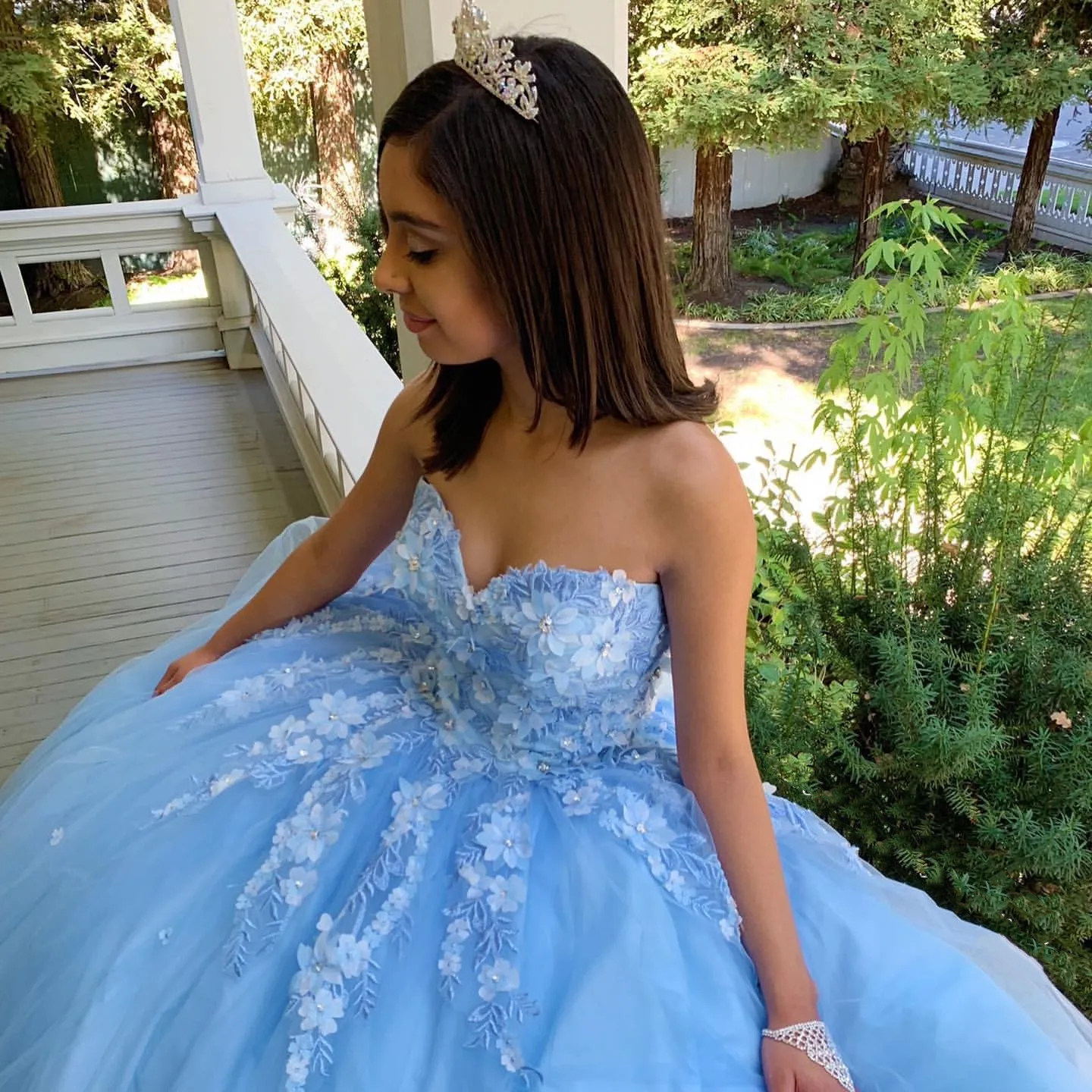 Princess 3D Flowers Quinceanera Dresses Floor Length Appliques Sweetheart Neck Long Light Sky Blue Tulle Ball Gown Special Occasion Gowns Sweet 16 Dre