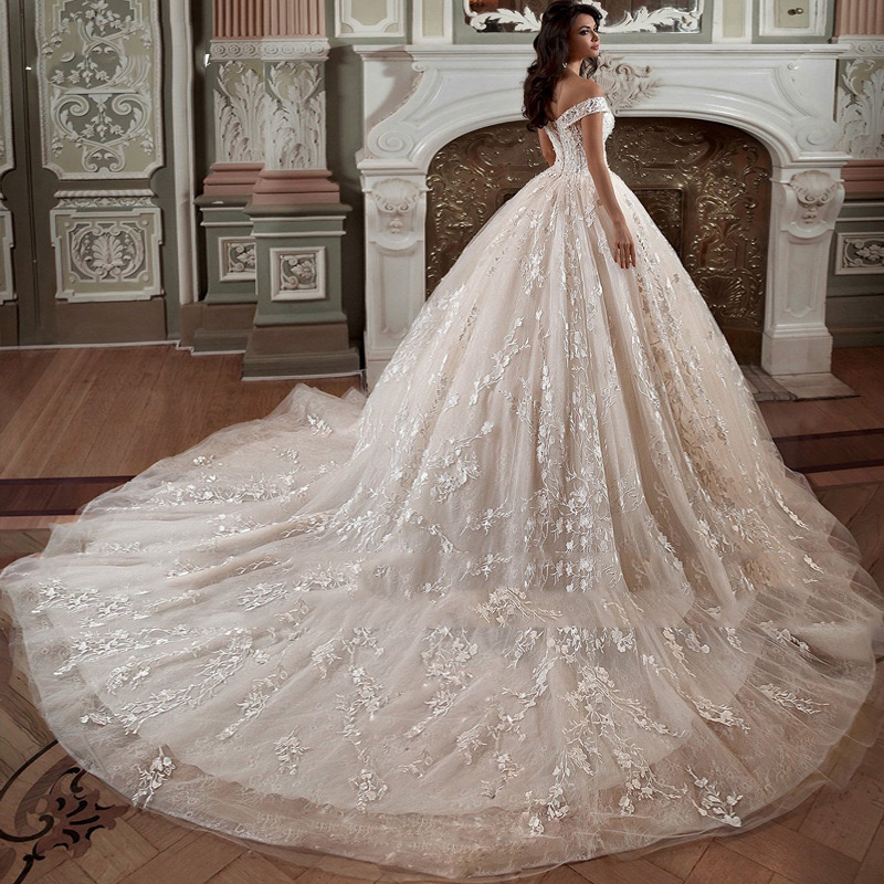 White Wedding Dresses Ivory Bridal Gowns A Line off shoulder Long Sleeve Tulle Applique Beaded Custom Zipper Lace Up Plus Size Robe Mariage vestido de