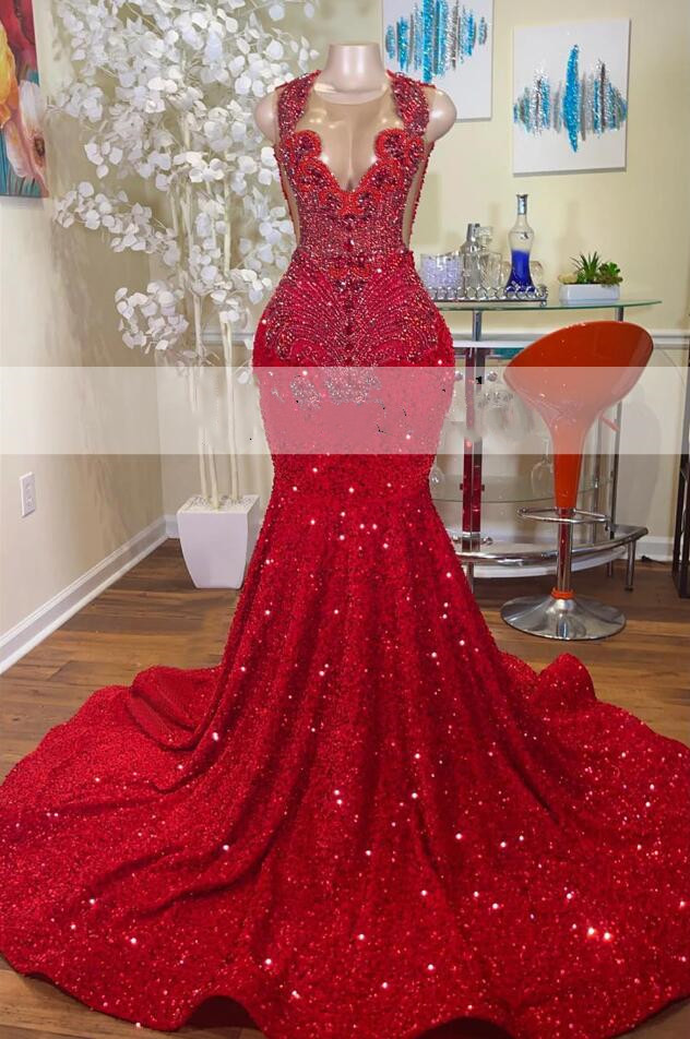Sparkly Red Mermaid Prom Dresses 2025 Black Girls Sheer Crew Neck Diamonds Lace Appliques Style Plus Size Birthday Party Gowns For African Girls