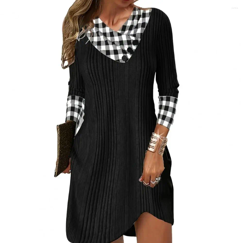 Casual Dresses Women Mini Dress Fall Plaid Print V Neck Winter Colorful Patchwork Loose Fit Soft Warm Ladys