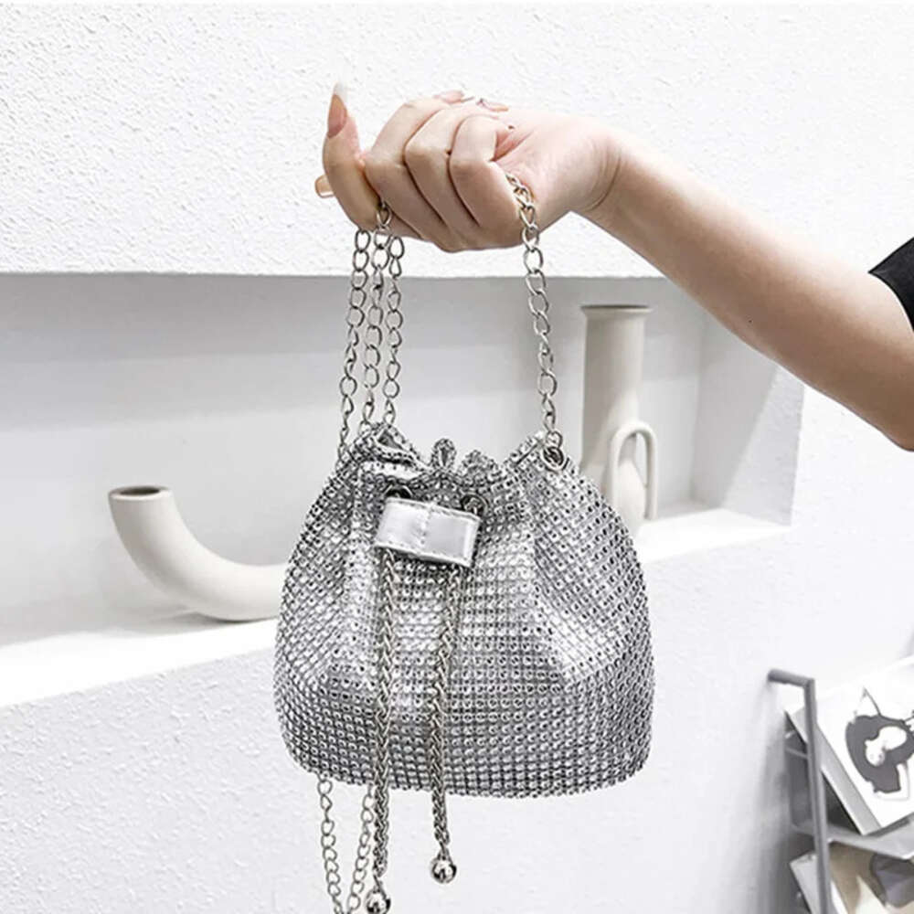 Women Fashion Diamonds Rhinestone Bucket Bags Retro Pearl Chain Ladies Shoulder Bags Shiny Small Crossbody Bags Female Handbags Evening Bag