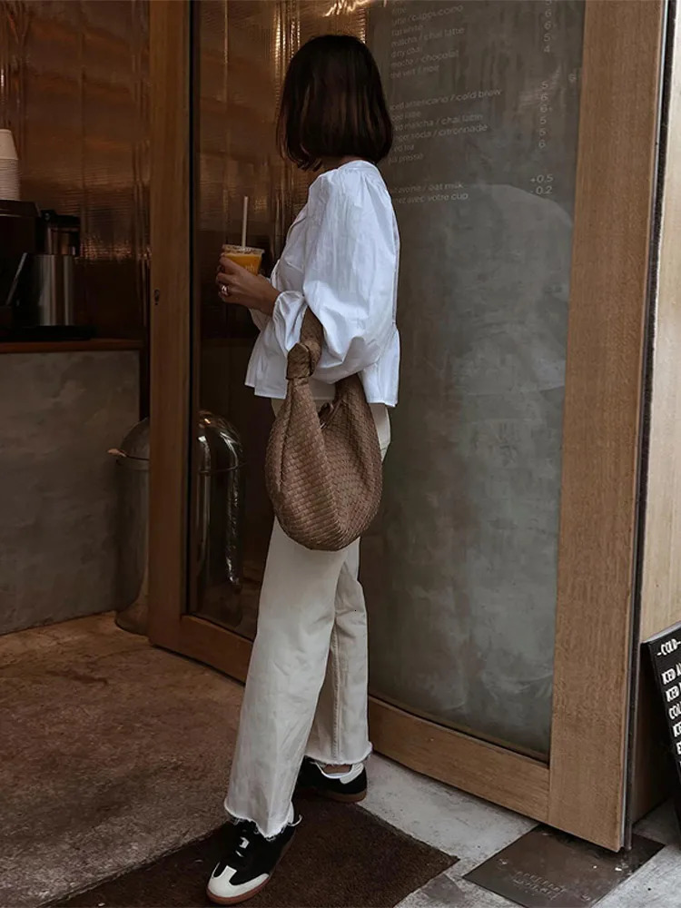 Solid Pleated Lace-Up Shirt: Lantern Sleeve Lapel Collar Top