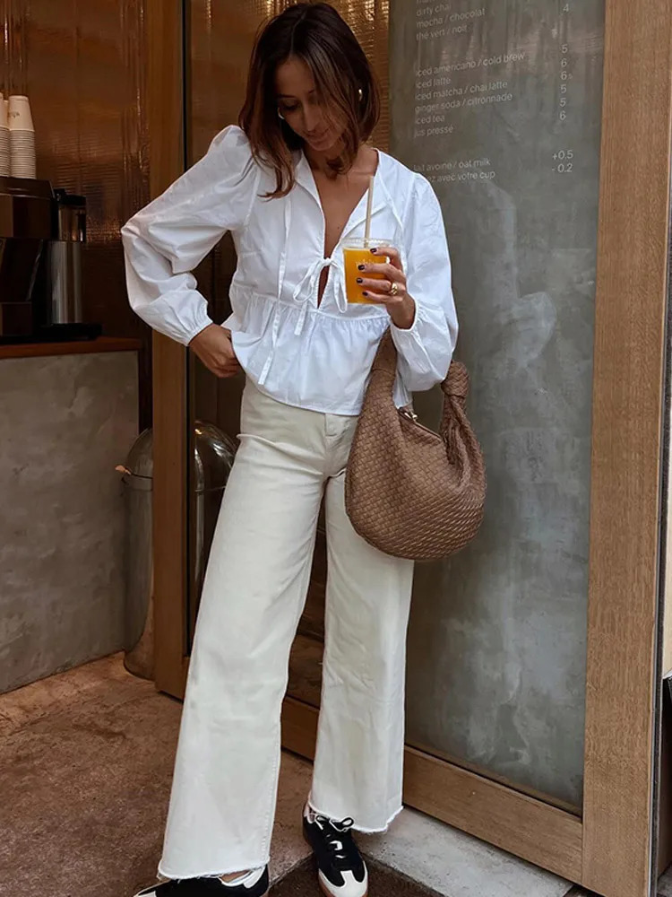 Solid Pleated Lace-Up Shirt: Lantern Sleeve Lapel Collar Top