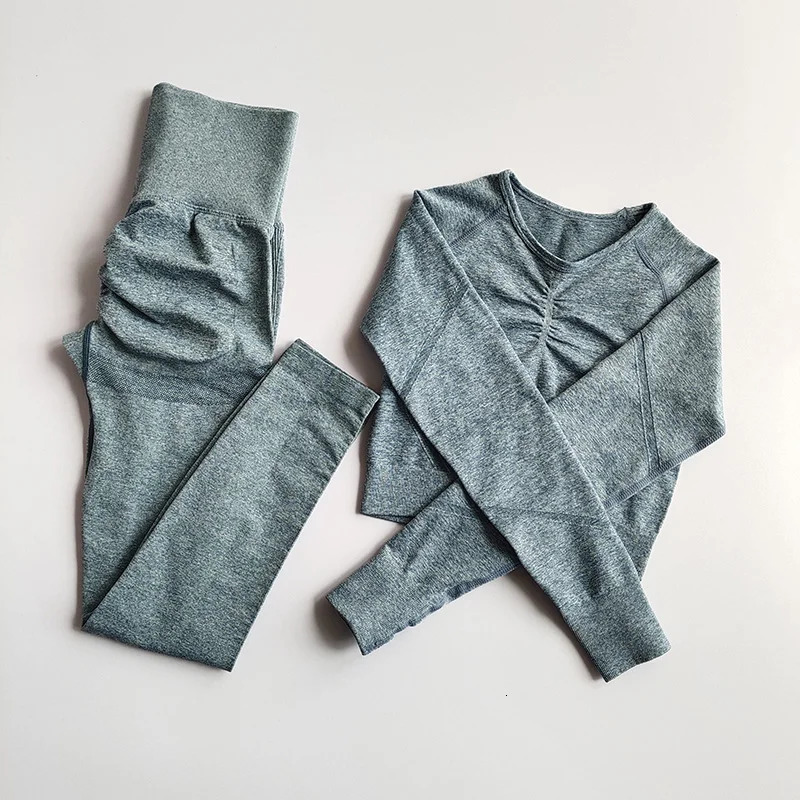 2pcs Women Seamless Yoga Set Sport Suit Gymwear Workout Clothes Long Sleeve Gym Crop Top High Waist Leggings Fitness Sports Wear 240226