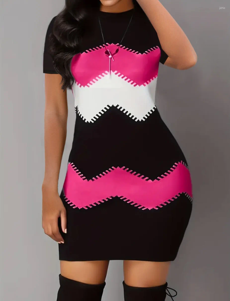 Casual Dresses Womens Slim Striped Printed High Waist Dress Spring And Summer 2024 Short Sleeve Round Neck Mini