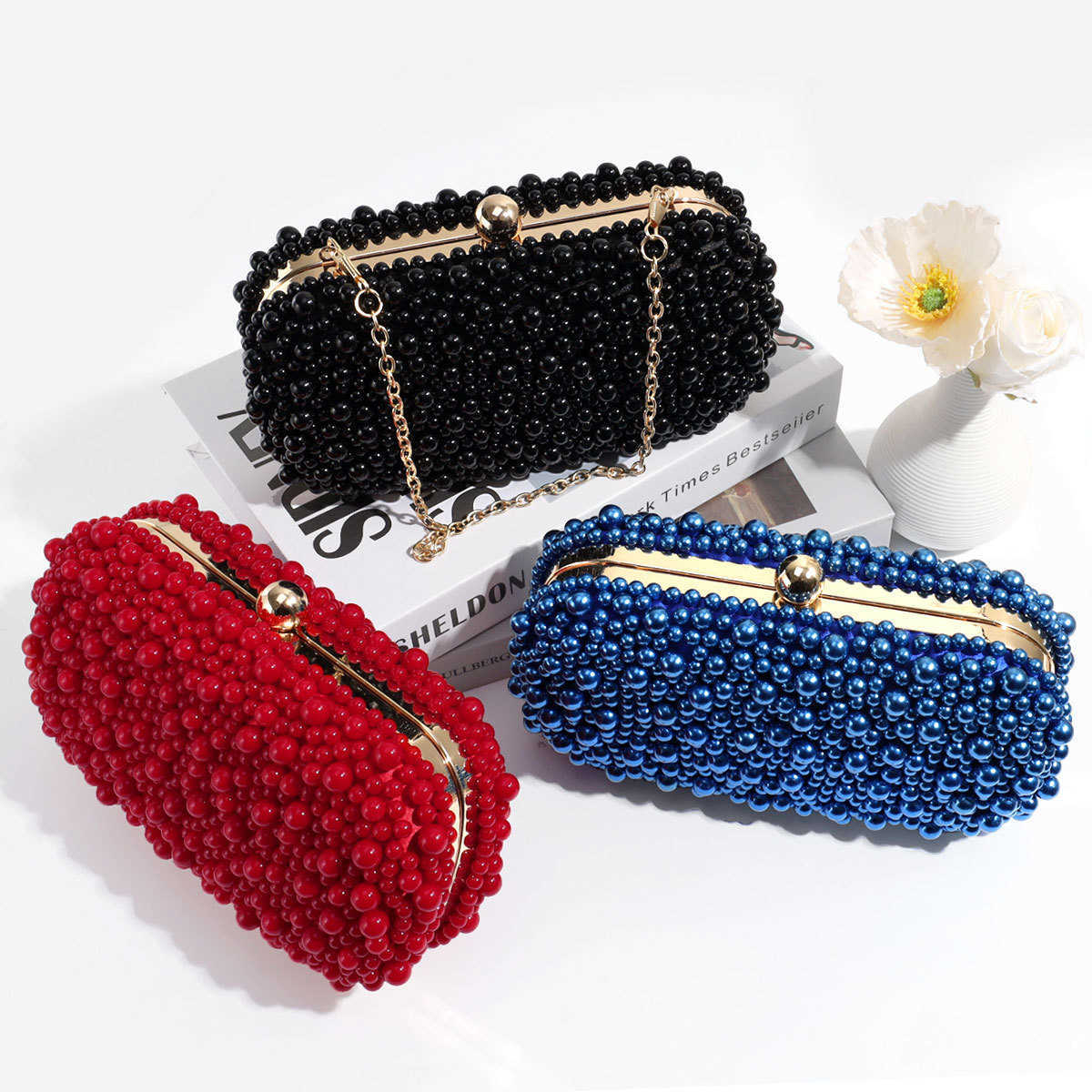 Shoulder Bags 2024 Beaded New Dinner Handbag Pearl Water Diamond Dress Bag Versatile Diagonal Straddle Ladies 240427
