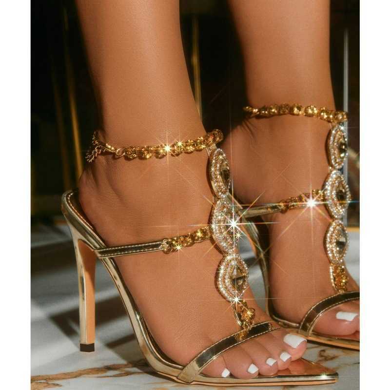 Sandals Sexy Pointed Toe Rhinestone String Bead Pumps Women Crystal Ankle Strap High Heels Sandals Female 2023 Spring Wedding Shoes yq240227
