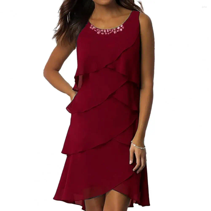 Casual Dresses Loose Fit Mini Dress Cake Chic Womens Layered Chiffon O-neck Sleeveless Sheath With For Summer