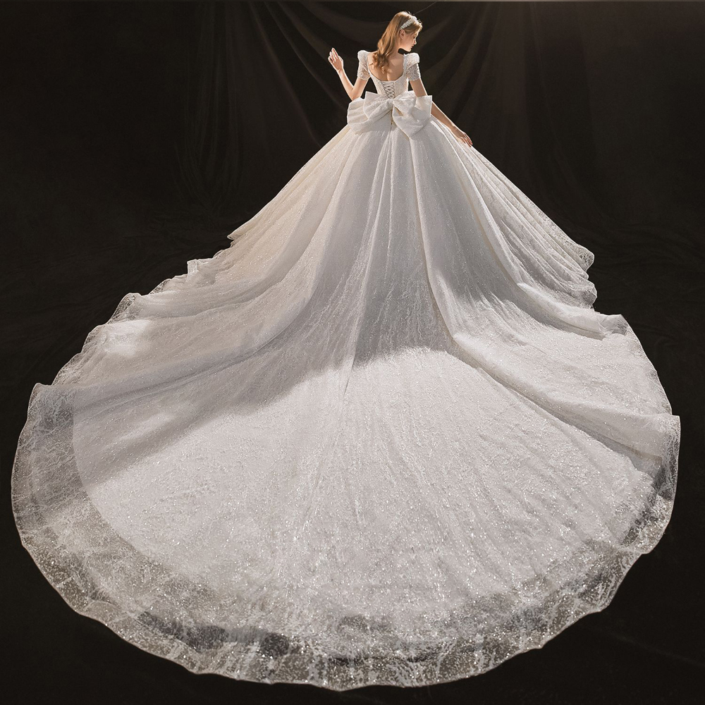 Beautiful Floral Prints Shorts puff Sleeves Square Collar Ball Gown Wedding Dress Shiny Embroidery Lace chapel Train Beading Pearls Bridal Gowns With 