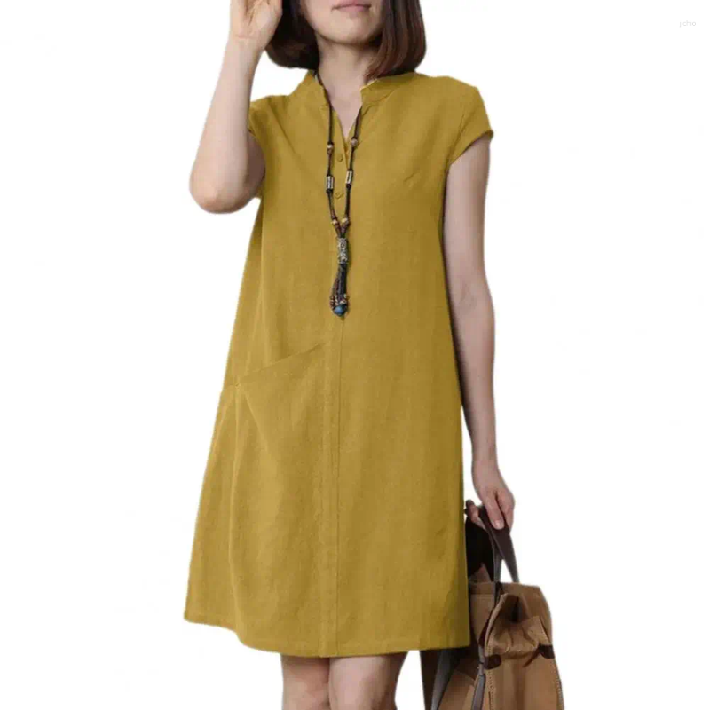 Casual Dresses Women Dress Buttoned V Neck Stand Collar Short Sleeves Loose Commute Style Single Pocket Above Knee Length Mini