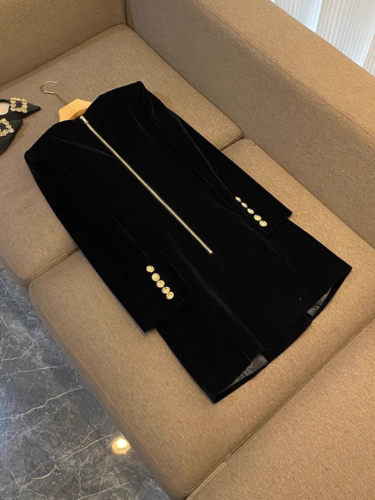 2024 Spring Black Solid Color Dress Long Sleeve V-Neck Buttons Short Casual Dresses D4J261556