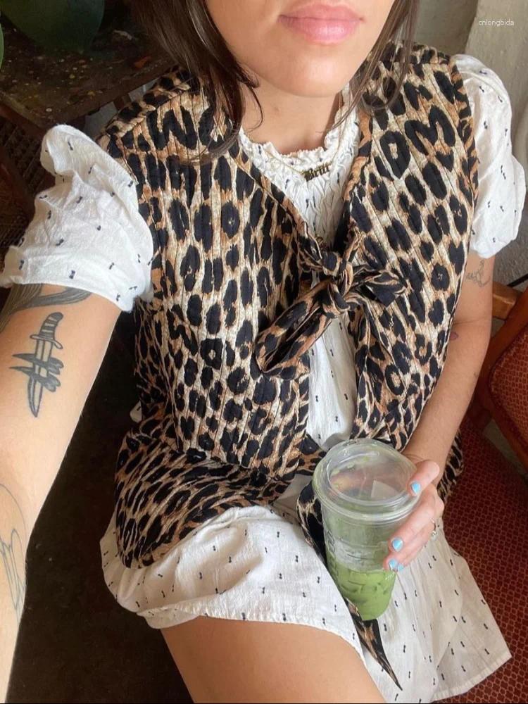 Women's Vests Leopard Print Bow Vest 2024 Spring Loose V-neck Lace Up Sleeveless Waistcoat Retro Chic Lady Office High Street Jacket