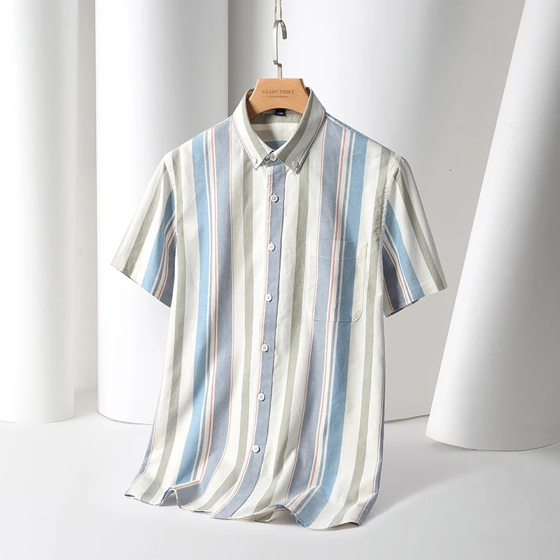 Mens Striped Fashion Short Sleeve 100% Cotton Oxford Plaid Business Button Down Regular Fit Office Shirt Man Clothing 240219