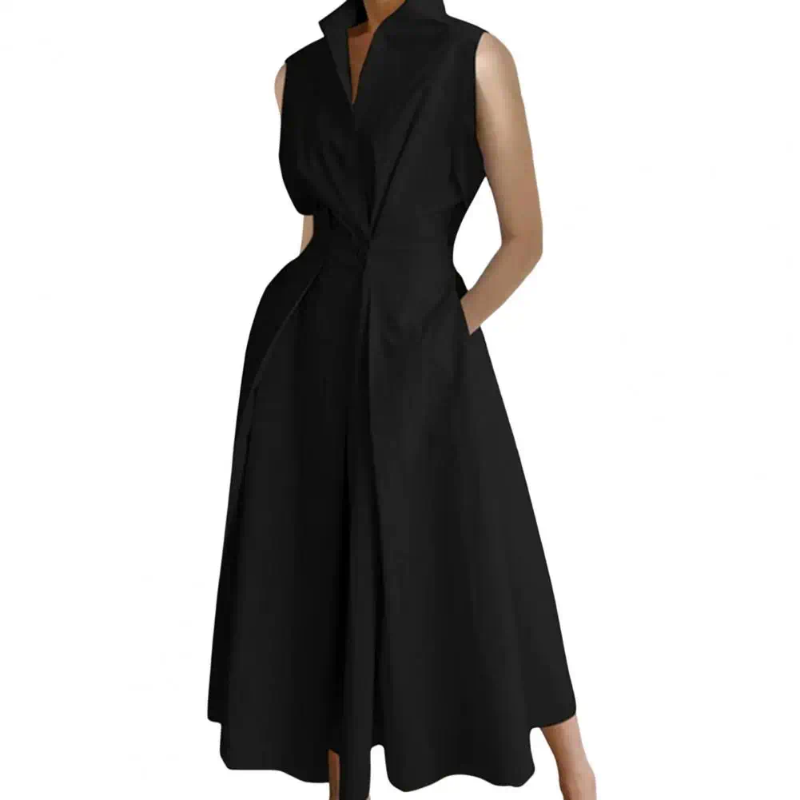 Casual Dresses Women Dress Lapel A-line Big Swing Tight High Waist Summer Sleeveless Formal Commute Style Lady Midi