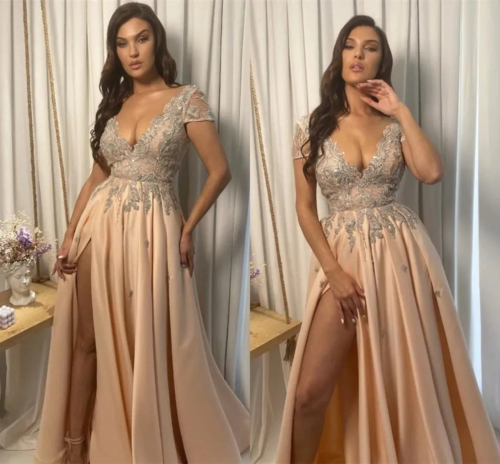 A Champagne E Split Evening Dresses V Neck Lace Applique Cap Sleeve Beads Or Length Prom Dress Formal Party Gowns