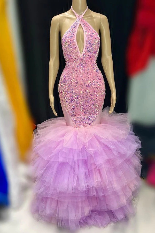 Pink Sequins Tulle Prom Dress Sexy Mermaid Halter Neck Sleeveless Open Back Tuer Ruffles Skirt Long Evening Gowns