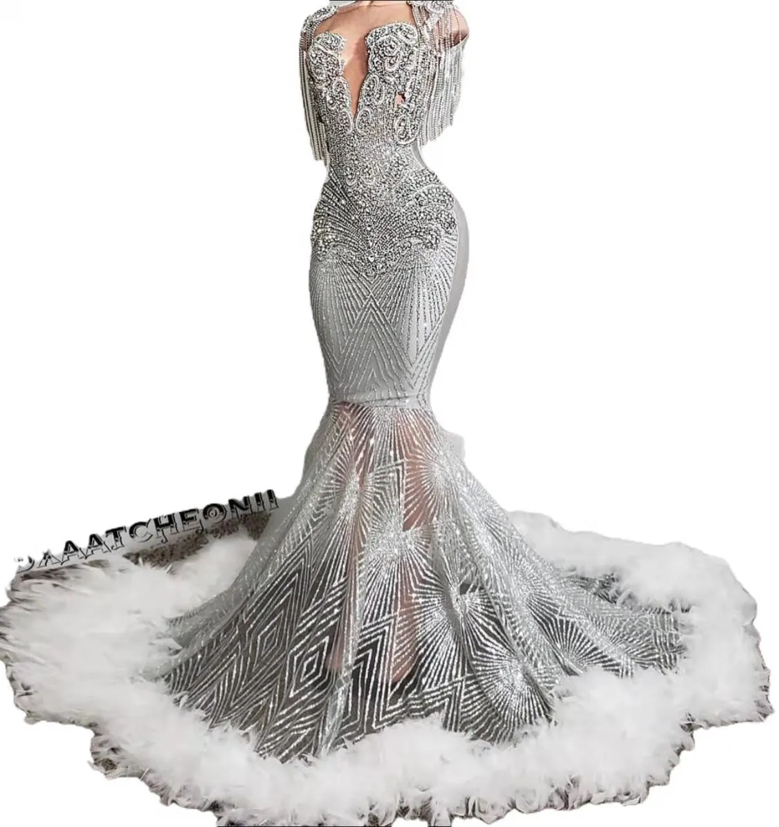 Sparkly Sier Crystal Mermaid Prom Dresses Beaded Sequined Black Girls Evening Dress With Feather Sleeveless Party Gowns