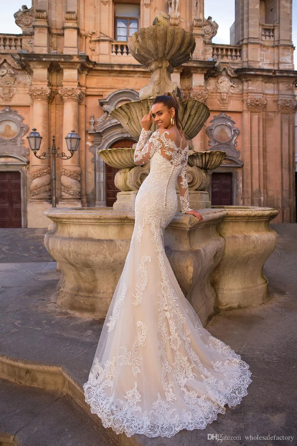 Lace Champagne Mermaid Dresses Sheer Tulle Long Sleeves Sweep Train Wedding Bridal Gowns Robes De With Detachable Skirt tachable