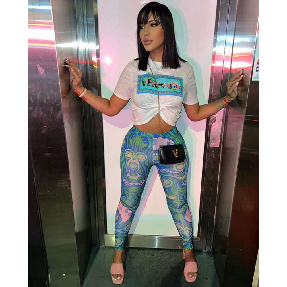 Womens Tracksuit Two Piece Pants Casual Print Crew Neck T Shirt And Trousers Set 2024 Summer Outfits Sweatsuit