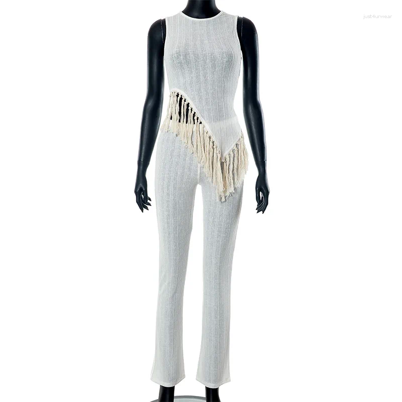 White Two Pieces Set Irregular Fringe Sleeveless Tops Pants Suit Casual Brunch Outfits Women Summer Clothes