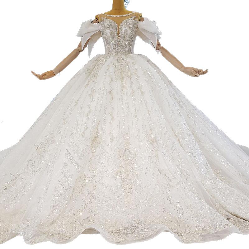 Modern Shine Pearls A-e Wedding Jewel 3D-Lace Ball Gown Plus Sweep Train Bridal Gowns Dress Vestido De Novia Size Color Customized