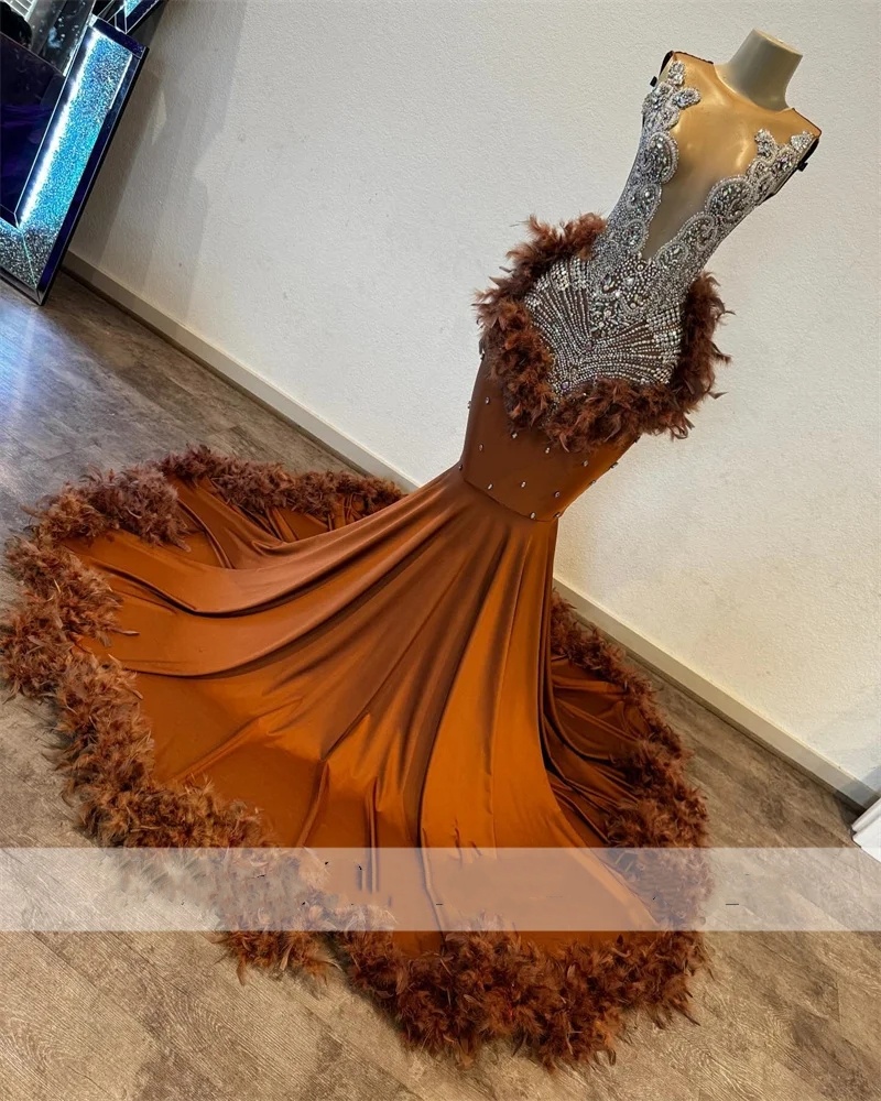 New Arrival Browns Prom Dress For Black Girls Sheer Mesh Bead Crystal Rhinestone Feathers Evening Birthday Party Gowns