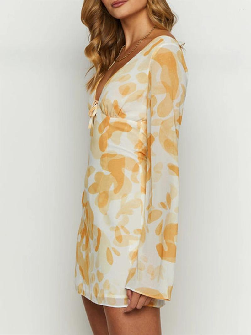 Casual Dresses Women Mini Dress Long Sleeve V Neck Tie-up Print Slim Fit Party Fall