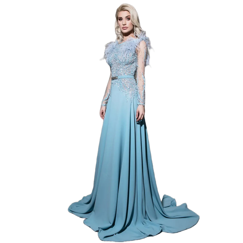 Elegant Beaded Long Sleeves Evening Dresses Sweep Train Feathers A Line Light Sky Blue Formal Party Gowns 2024 Crew Neck Prom Dress For Women