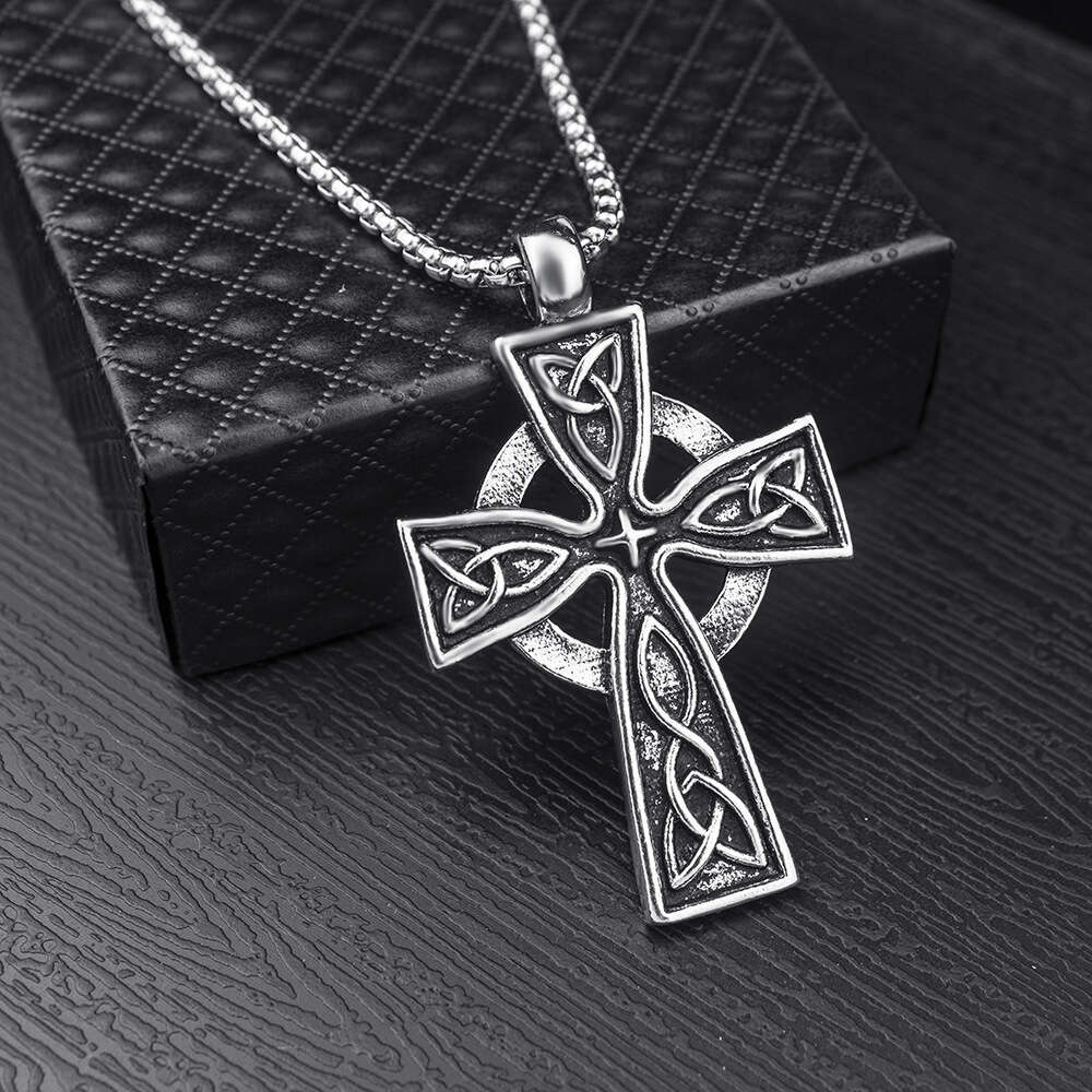 Wolf Tide Cross Jesus Pendant Hip Hop Necklace Antique Silver Color Titanium Steel Pendant Personality Collar Chain Valentine's Day Gift For Boyf