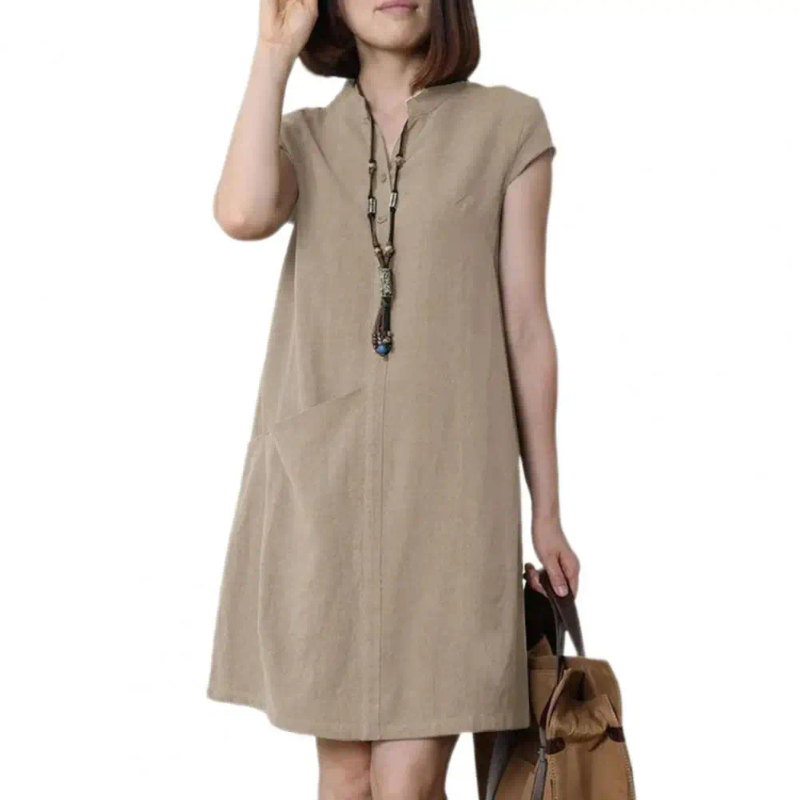 Casual Dresses Women Dress Buttoned V Neck Stand Collar Short Sleeves Loose Commute Style Single Pocket Above Knee Length Mini