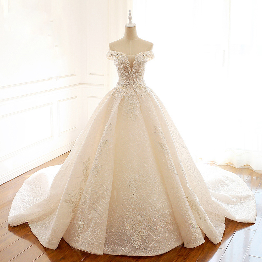 Elegant Lace Boat Neck A-Line Wedding Dress Shiny Beading Embroidery Lace Court Train Handmade Off Shoulder Sleeves Bridal Gowns can customize