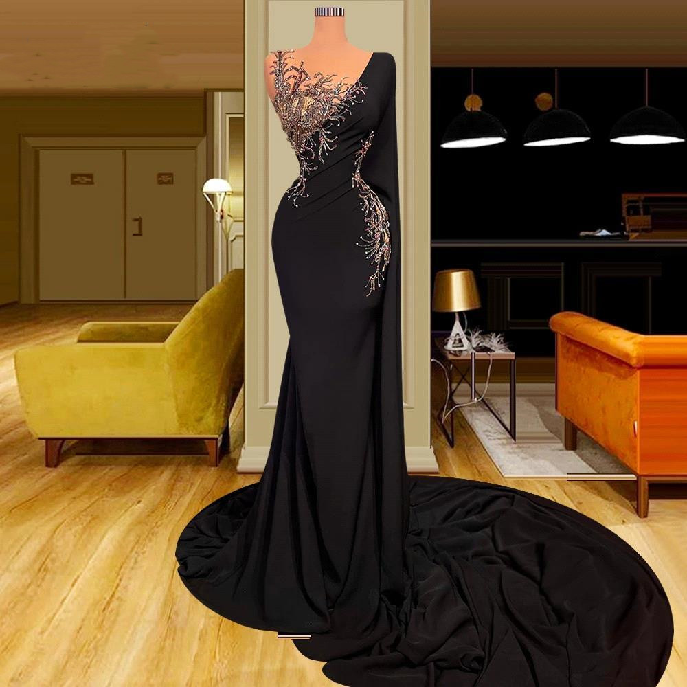 Elegant Black Long Sleeve Evening Dresses Sexy Mermaid Sheer Neck With Embroidery Appliques Pleats Long Formal Vestidos Prom Dress BC18139 0227