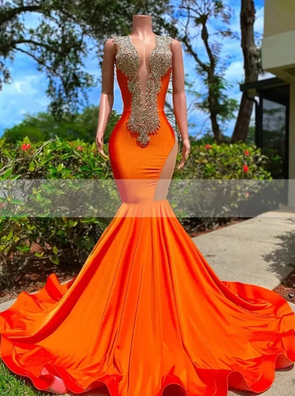 Orange Red Mermaid Long Prom Dresses For Black Girls Beaded Crystals Rhinestone Deep V Neck Evening Dress Formal Open Back Sleeveless Party Gowns Bc15
