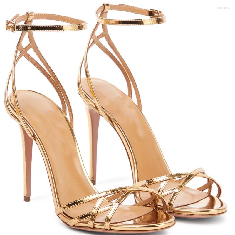 Sandals Gold Strappy Summer For Women 2024 Round Open Toe Stilettos Party High Heels Ladies Elegant Ankle Strap Large Size