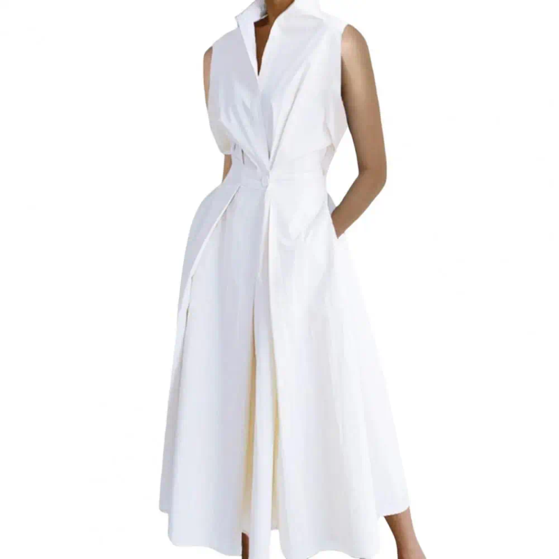 Casual Dresses Women Dress Lapel A-line Big Swing Tight High Waist Summer Sleeveless Formal Commute Style Lady Midi